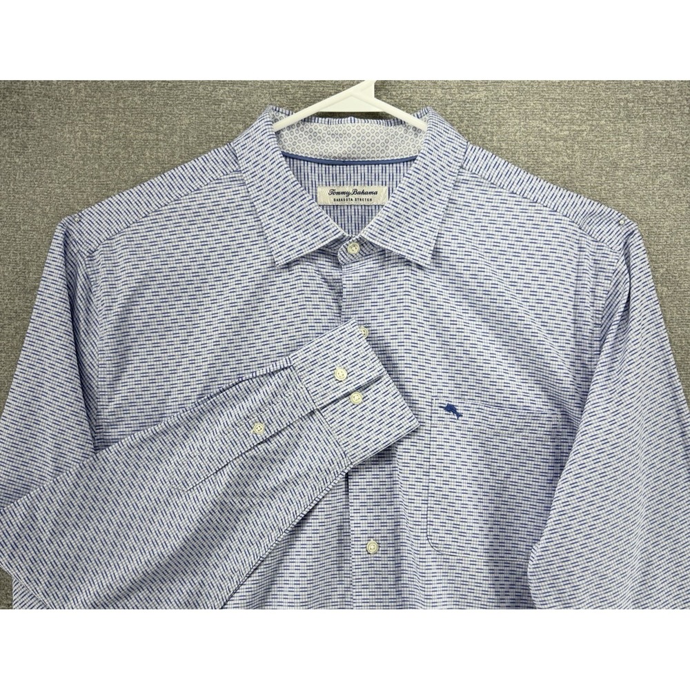 Tommy Bahama Sarasota Stretch Shirt Men Size XL Tall Geometric Blue Long Sleeve